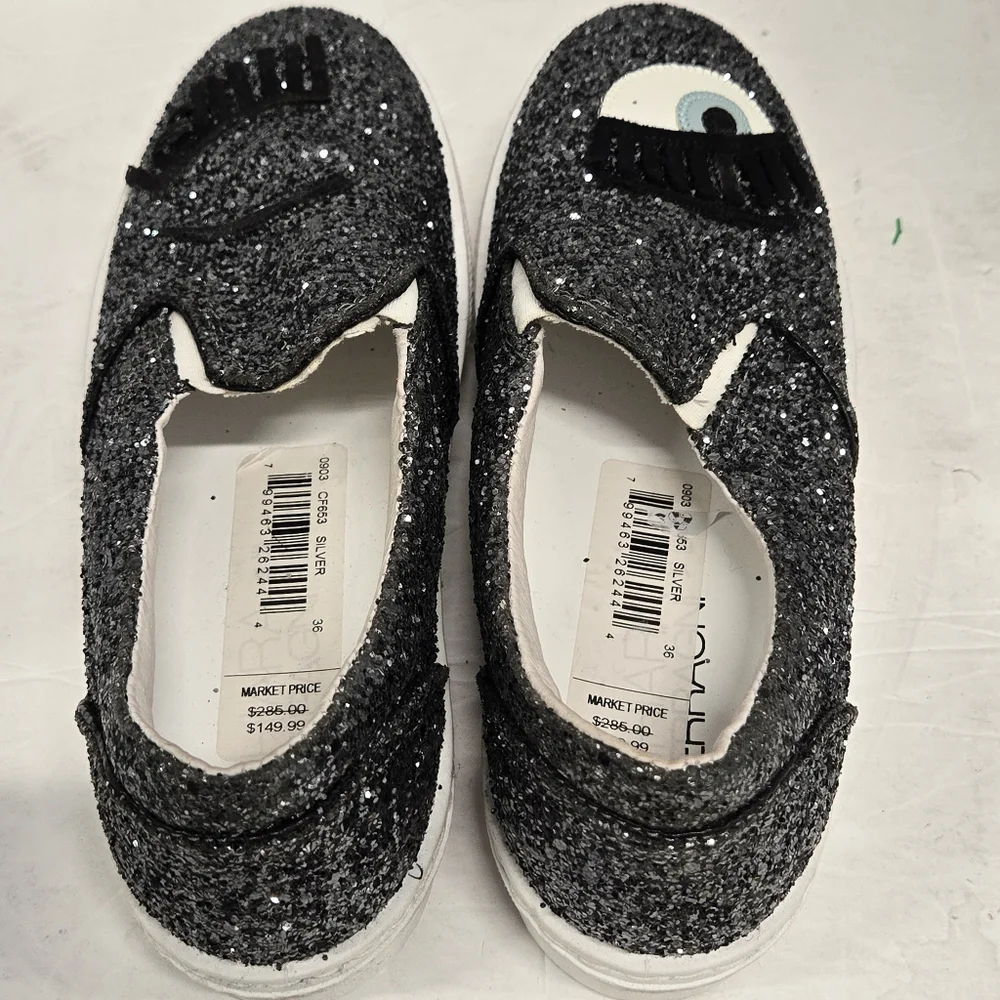 NEW‎ Chiara FerragniDark Grey Glitter Flirting Wink Eye Leather Sneakers SZ 36